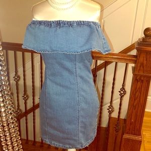 Revolve MPD Denim Ruffle Off Shoulder Dress